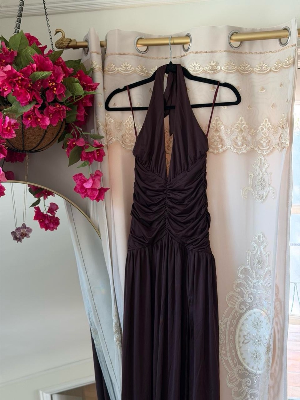 Thatsofetch Elegant Chocolate Brown Halter Maxi Dress
